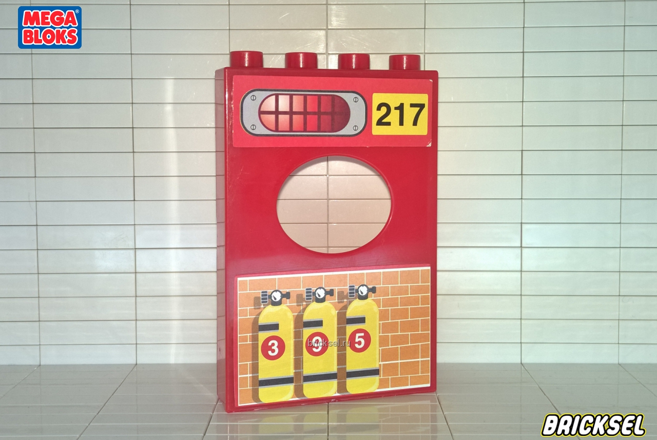 Мега Блокс Стена пожарной станции с круглым окном, с наклейками сирены и кислородных баллонов 1х4 красная, Оригинал MEGA BLOKS