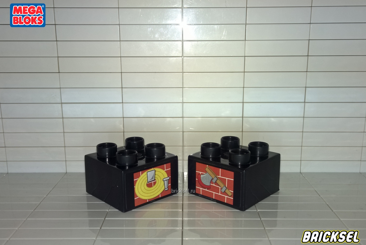 Мега Блокс Кубики 2х2 с наклейкой пожарный шланг и топор на стене черные, Оригинал MEGA BLOKS, редкая