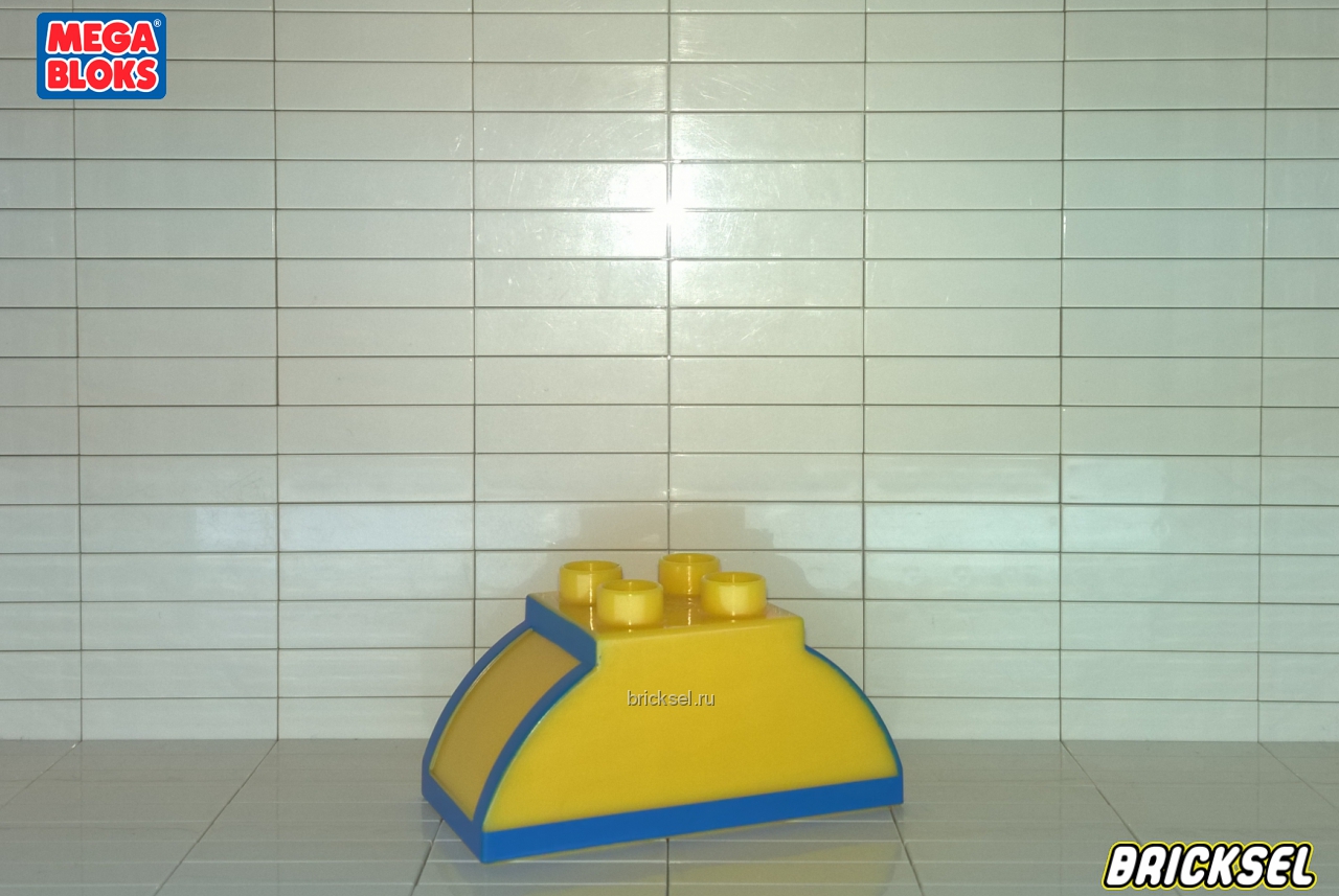 Мега Блокс Кубик верхушка 2х4 скругленная желтая с синими полосами, Оригинал MEGA BLOKS, раритет