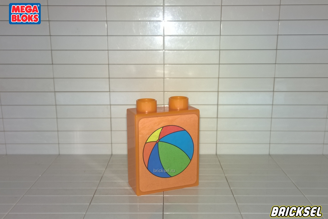 Мега Блокс Кубик 1х2х2 с наклейкой мячик оранжевый, Оригинал MEGA BLOKS