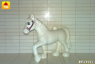 Лошадь белая с темно-красной уздечкой