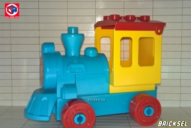 Паровозик, поезд на бирюзовый с желтой кабиной красной крышей и колесами