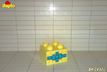 Кубик 2x2 светло-желтый с подарок с голубой лентой с бантом и рисунком в желтый горошек
